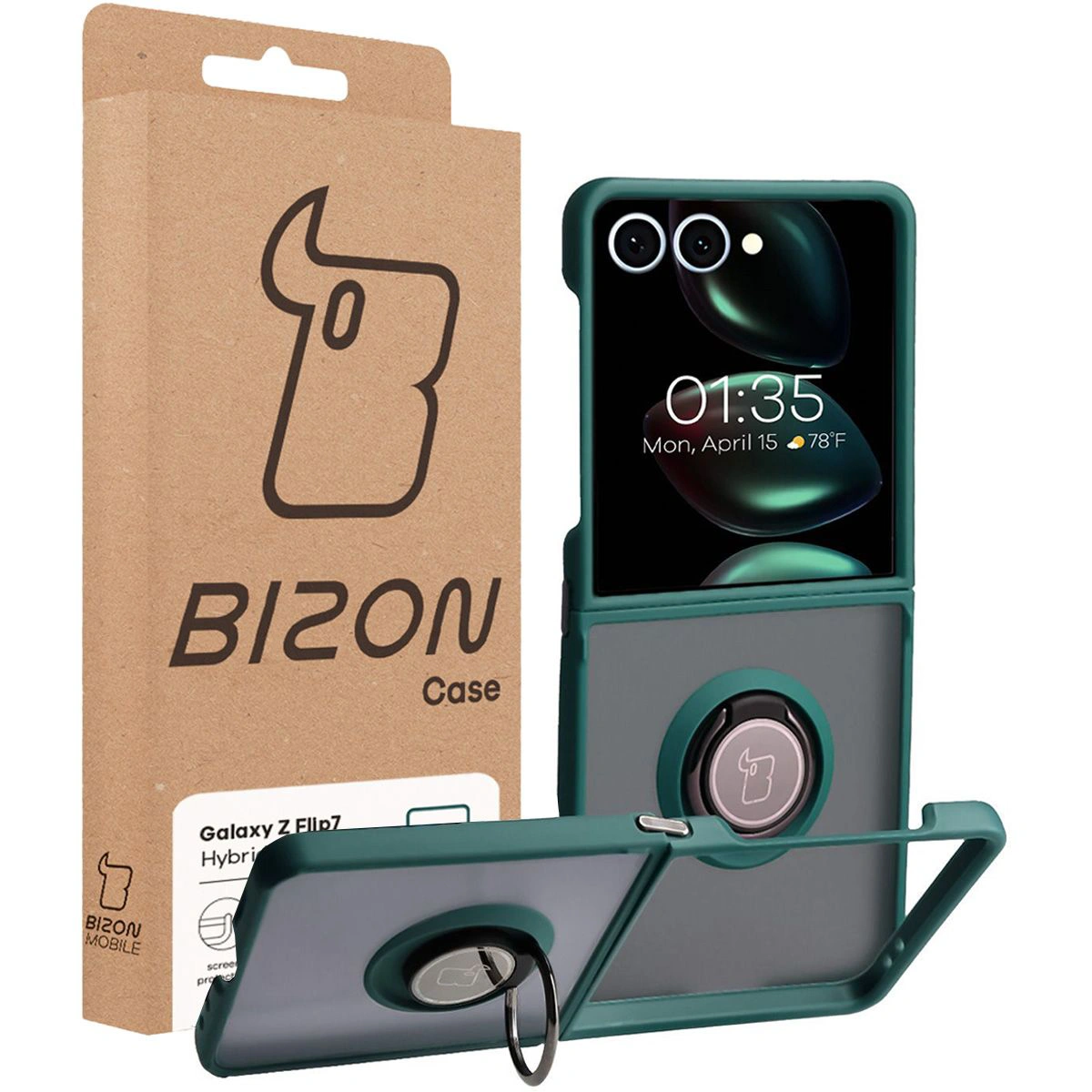 Fața cutiei Bizon Case cu etichetă dedicată pentru Galaxy Z Flip7