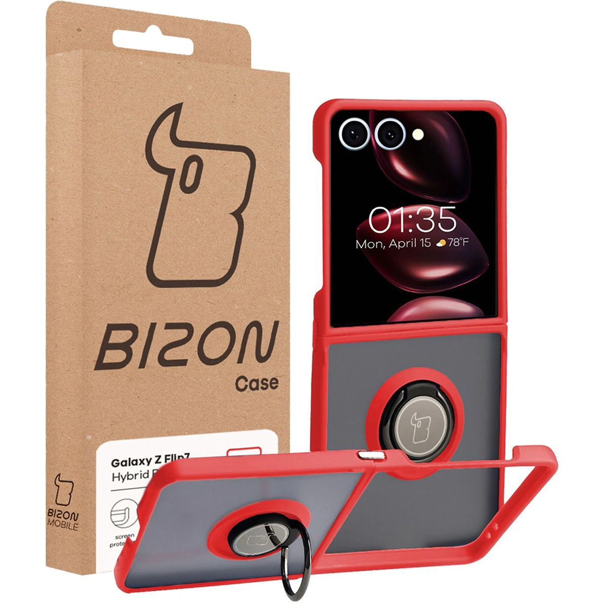 Przód pudełka Bizon Case z dedykowaną etykietą do Galaxy Z Flip7