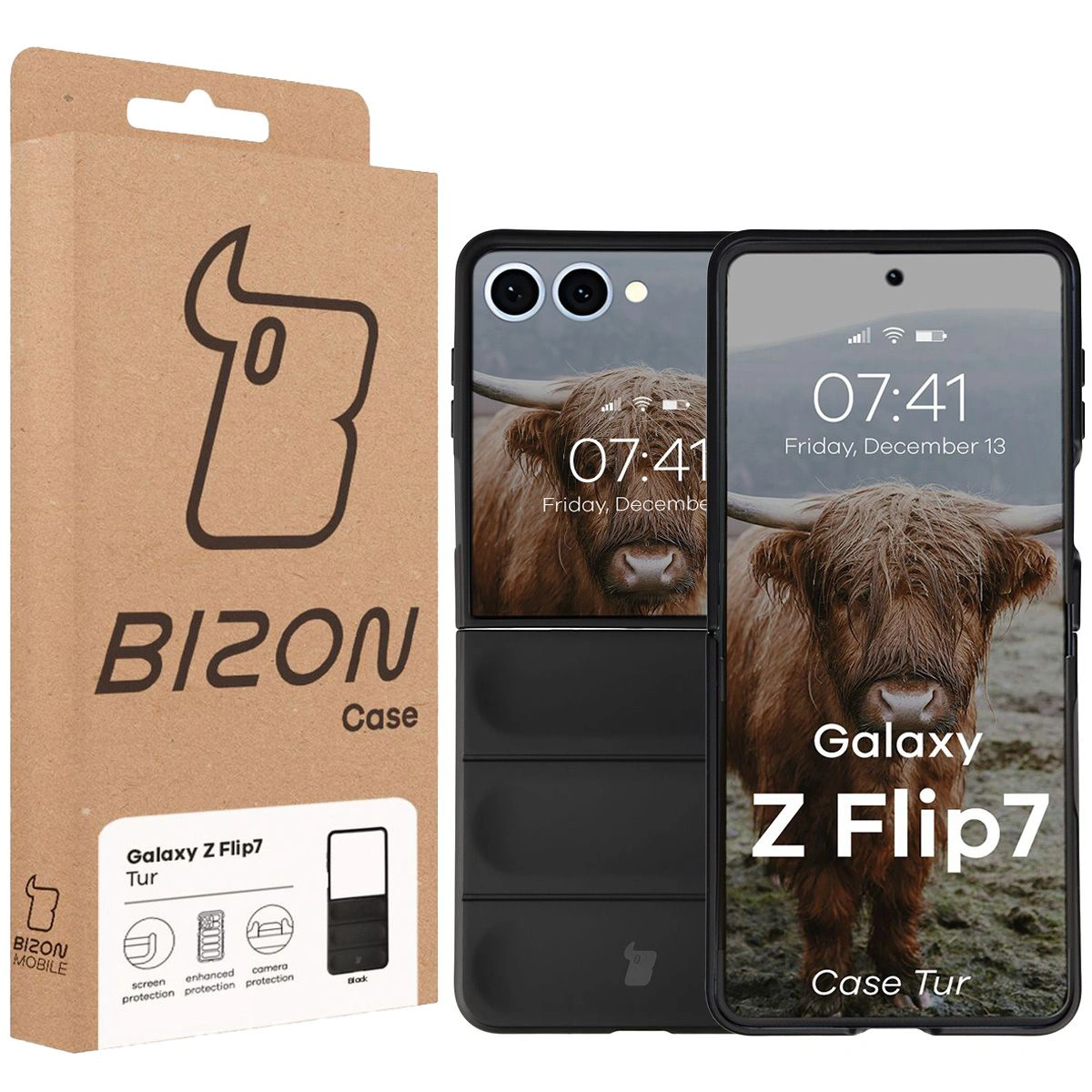 Przód pudełka Bizon Case z dedykowaną etykietą do Galaxy Z Flip7