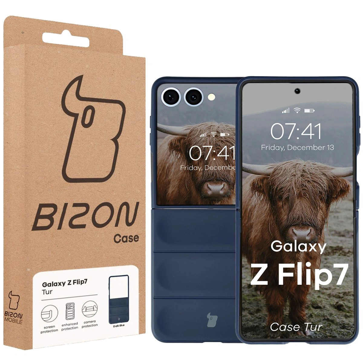Front of the Bison Case box with a dedicated label for Galaxy Z Flip7