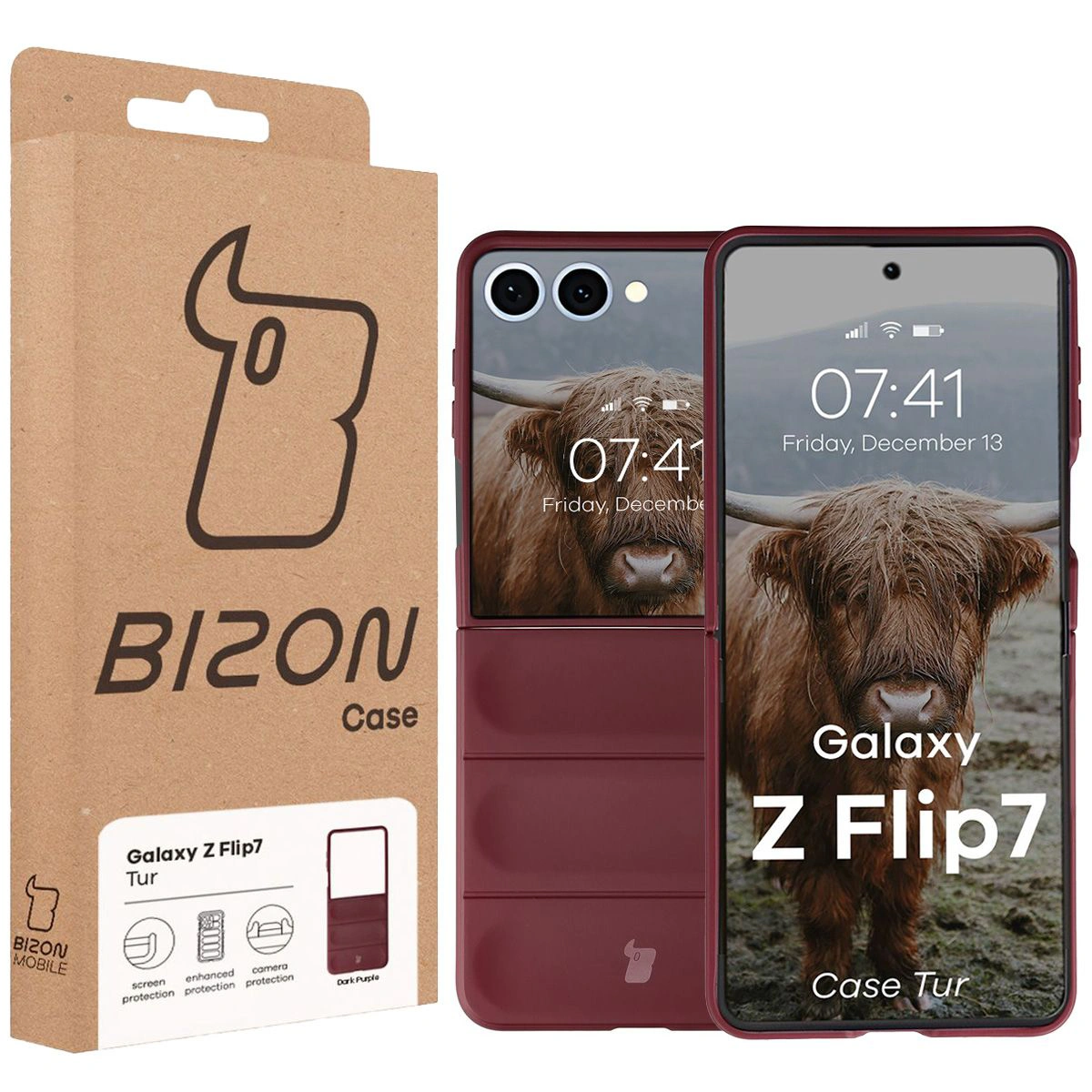 Vorderseite der Bizon Case Verpackung mit spezieller Etikette für Galaxy Z Flip7