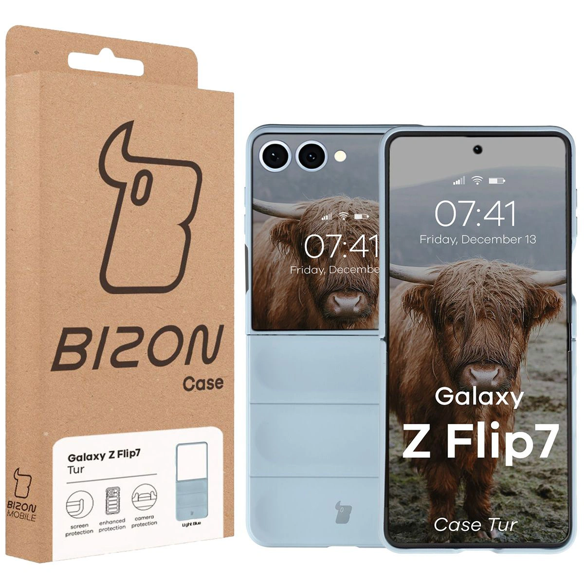 Vorderseite der Bizon Case Box mit dediziertem Etikett für Galaxy Z Flip7
