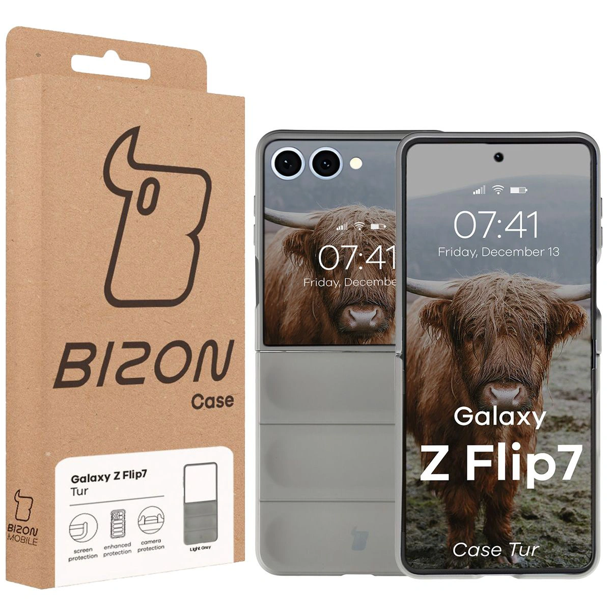 Vorderseite der Bizon Case Verpackung mit spezieller Etikette für Galaxy Z Flip7