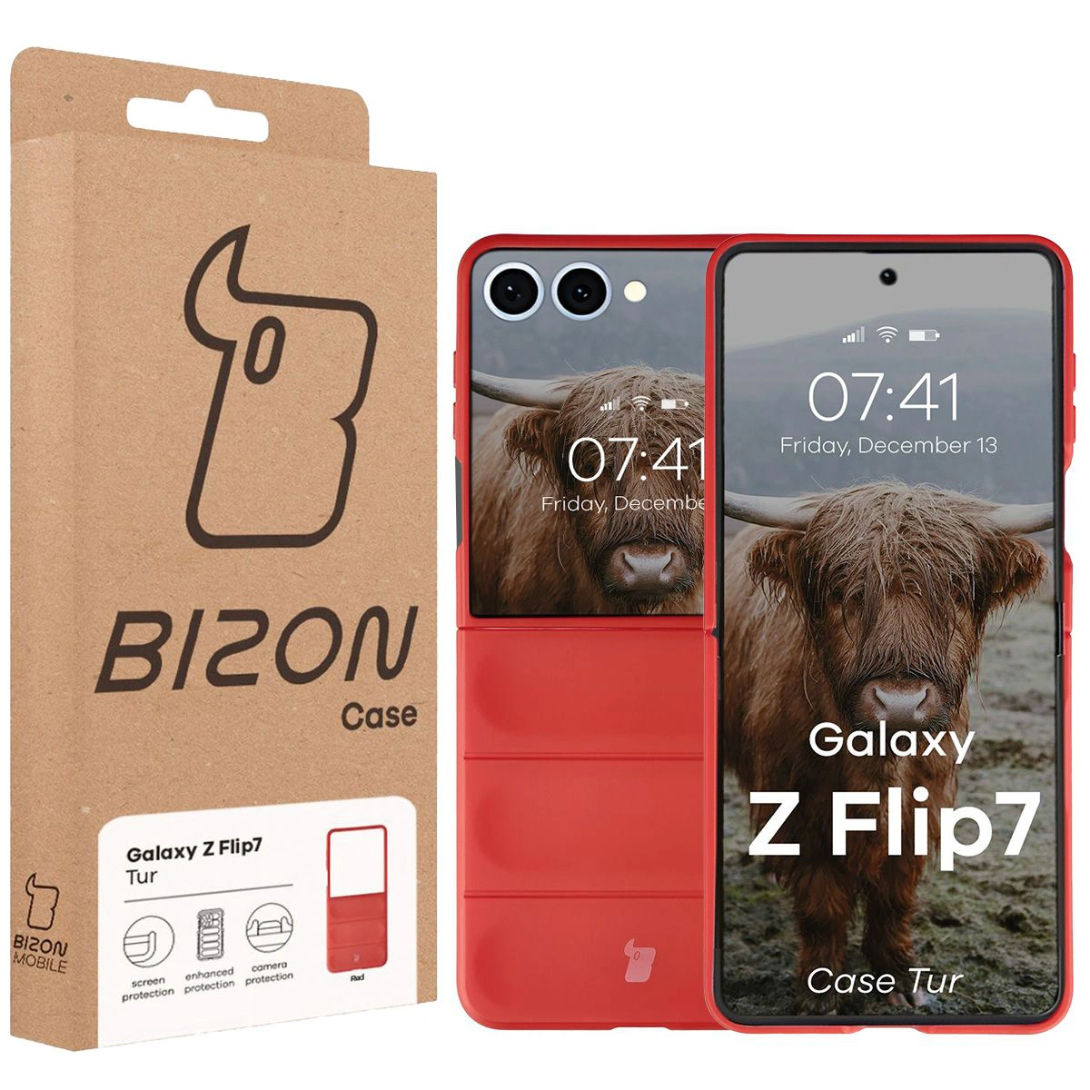 Vorderseite der Bizon Case Box mit spezieller Etikette für Galaxy Z Flip7