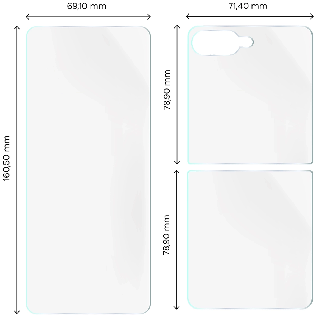 Wymiary dla folii hydrożelowej na plecki, mniejszy oraz większy wyświetlacz telefonu Bizon Glass Hydrogel Set do Samsung Galaxy Z Flip7