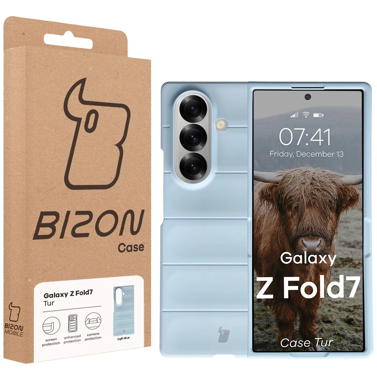 Przód pudełka Bizon Case z dedykowaną etykietą do Galaxy Z Fold7