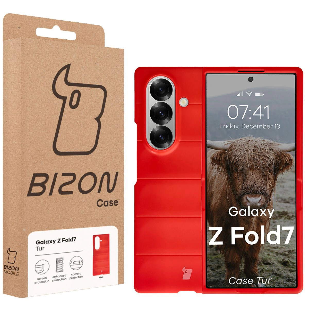 Przód pudełka Bizon Case z dedykowaną etykietą do Galaxy Z Fold7