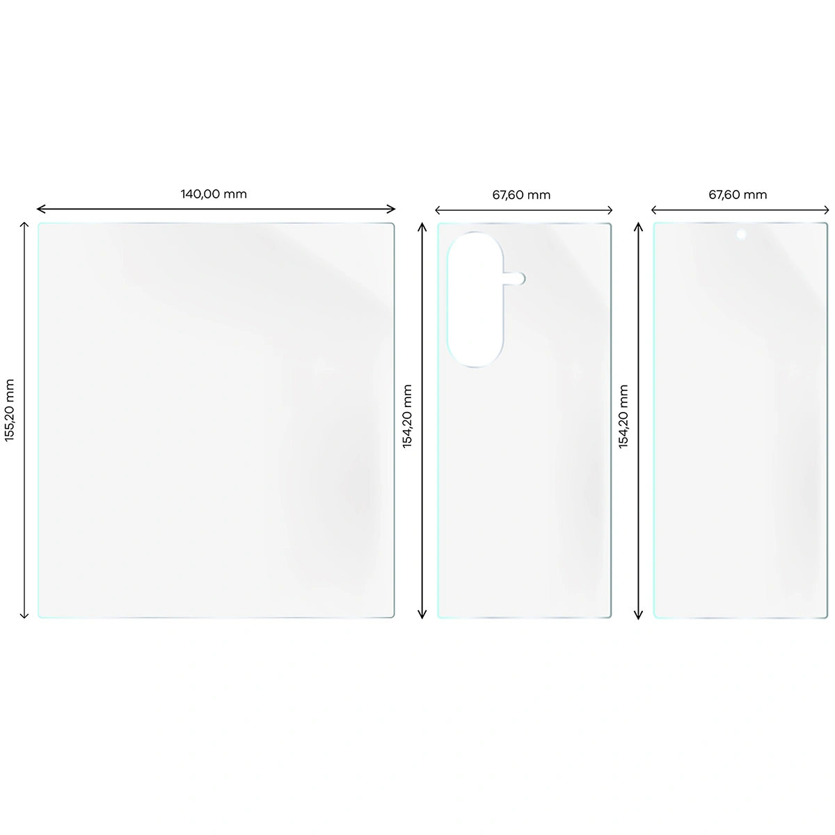 Dimensions for the hydrogel film for the back, internal and external displays of the Samsung Galaxy Z Flip7