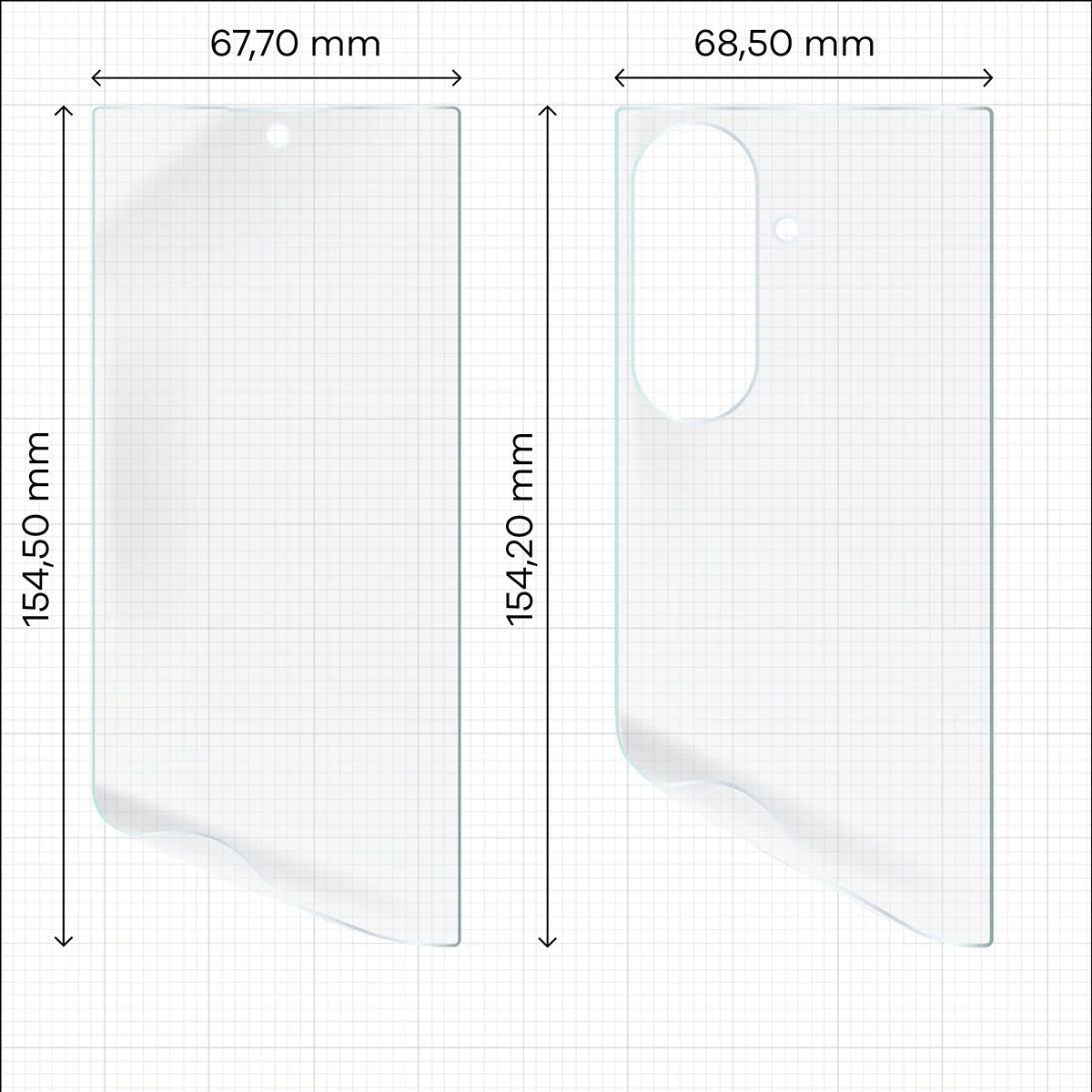 Wymiary dla folii hydrożelowej na plecki, mniejszy oraz większy wyświetlacz telefonu Bizon Film Hydrogel Pack do Samsung Galaxy Z Fold8 Ultra