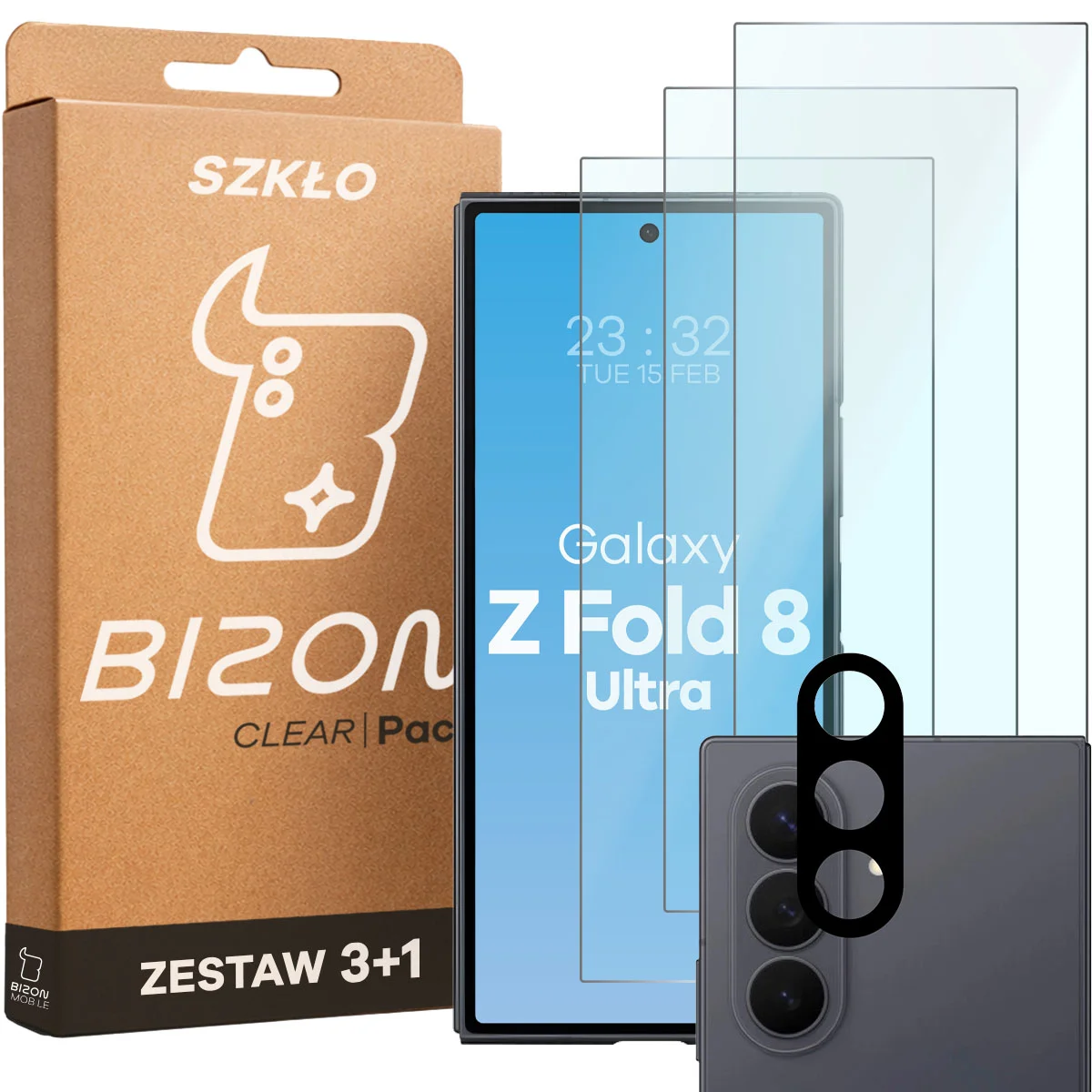Pudełko i zestaw szkieł do Samsung Galaxy Z Fold8 Ultra: 3x szkło hartowane i lens