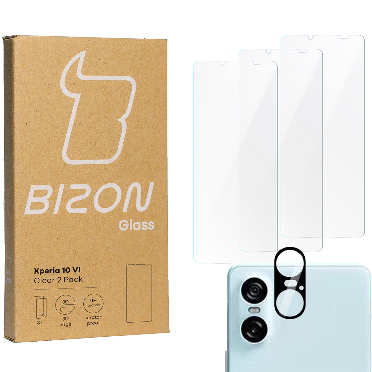 Zawartość zestawu Bizon Glass Clear 2 dla Sony Xperia 10 VI