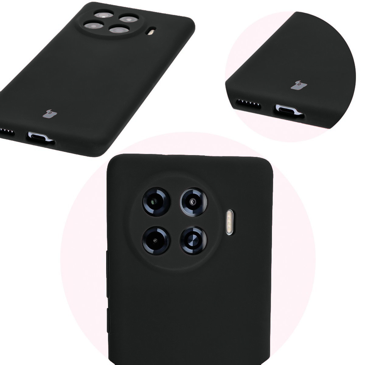 Close-up of precise cutouts and wireless charging capability in Bizon Soft Case
