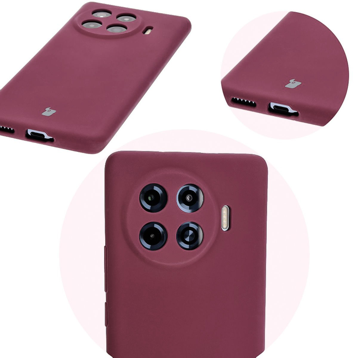 Close-up of precise cutouts and wireless charging capability in the Bizon Soft Case