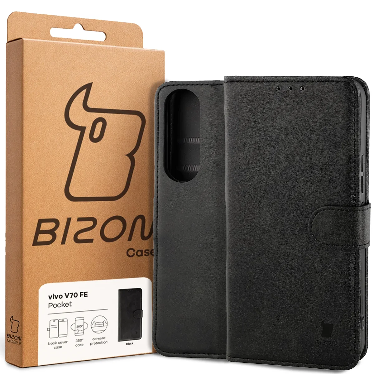 Przód pudełka Bizon Case z dedykowaną etykietą do Vivo V70 FE 5G