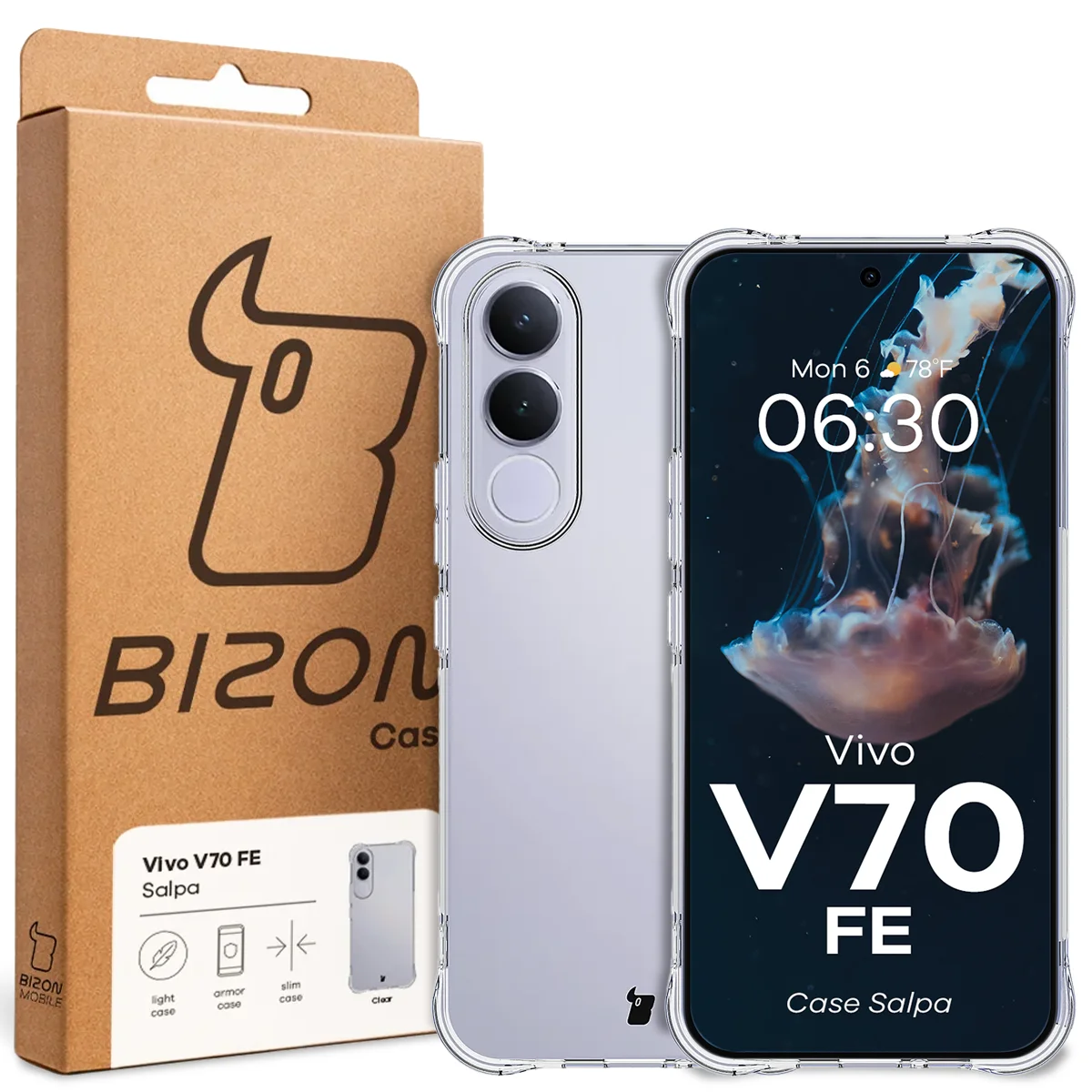 Przód pudełka Bizon Case z dedykowaną etykietą do Vivo V70 FE 5G