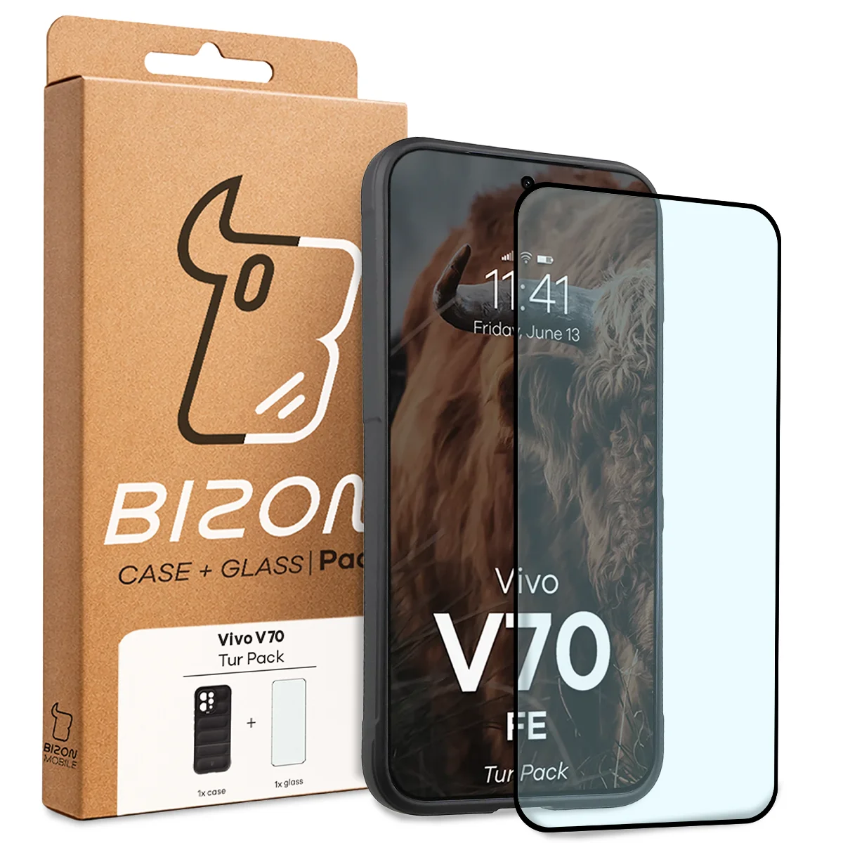 Front of the Bison Tur Pack box with a dedicated label for Vivo V70 FE 5G