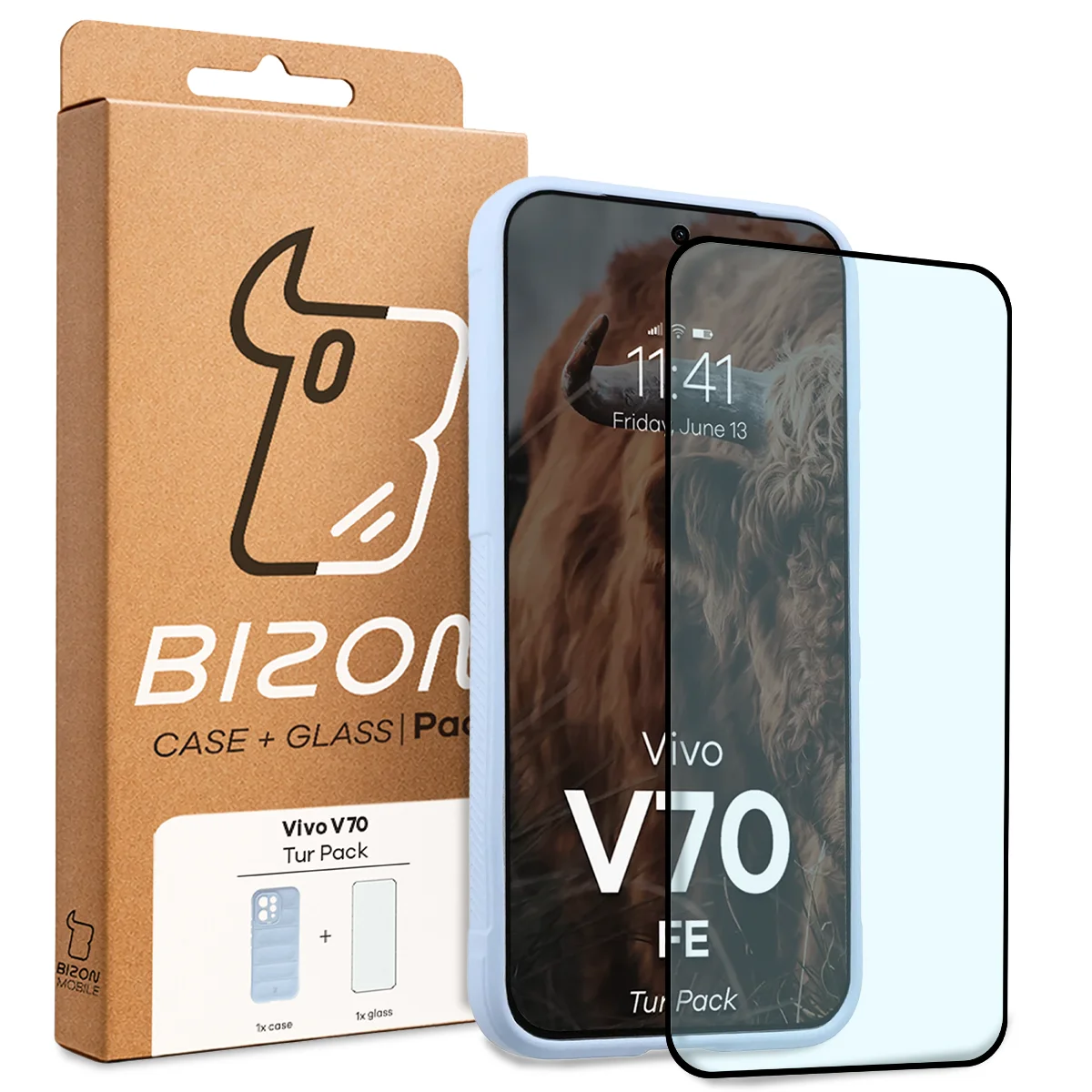 Przód pudełka Bizon Tur Pack z dedykowaną etykietą do Vivo V70 FE 5G