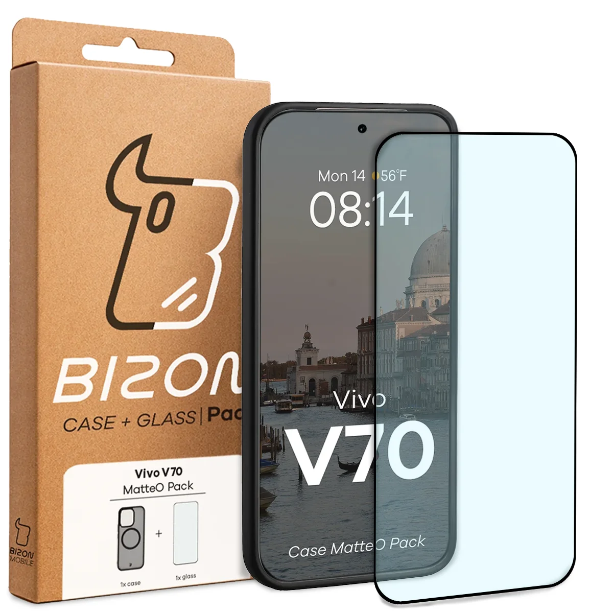 A Bizon Case Matteo Pack dobozának elülső oldala a Vivo V70 5G-hez készült címkével