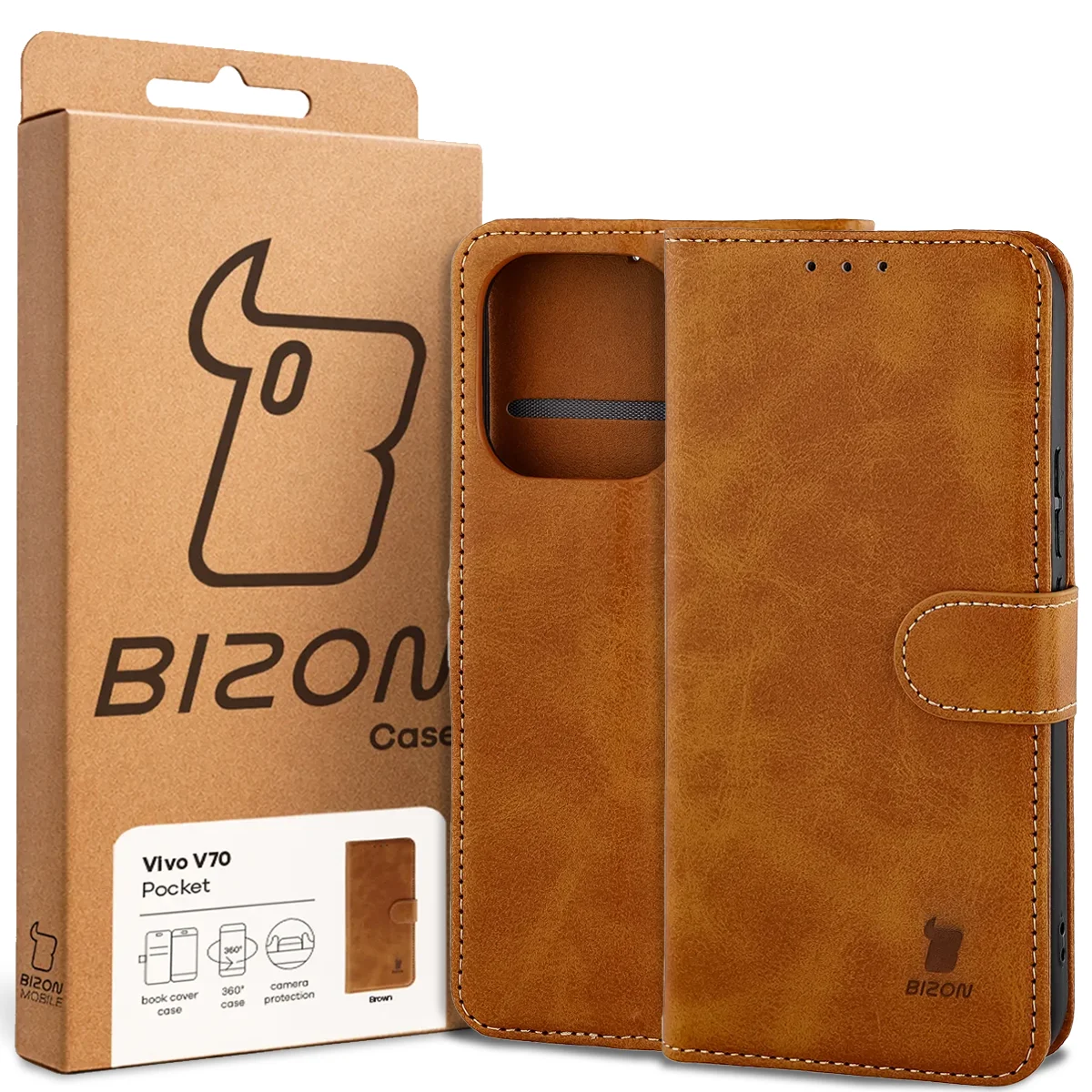 A Bizon Case doboz elülső oldala a Vivo V70 5G-hez készült címkével
