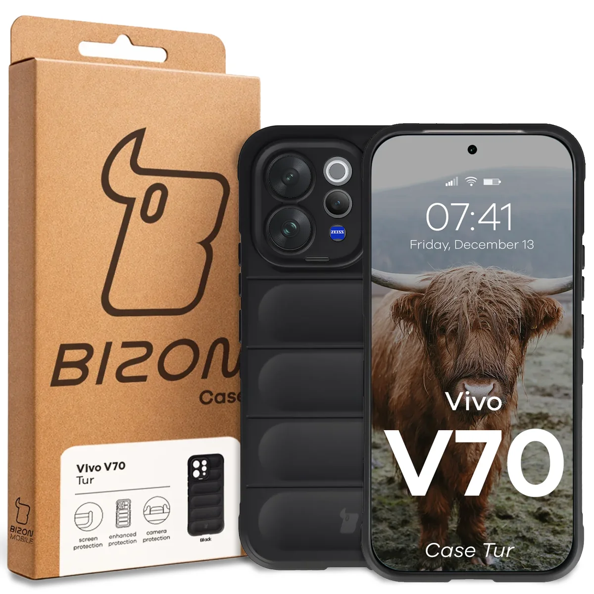 Przód pudełka Bizon Case z dedykowaną etykietą do Vivo V70 5G