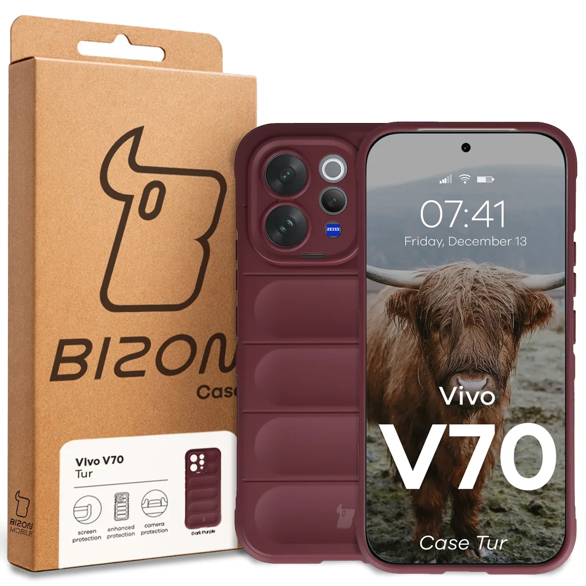 Przód pudełka Bizon Case z dedykowaną etykietą do Vivo V70 5G