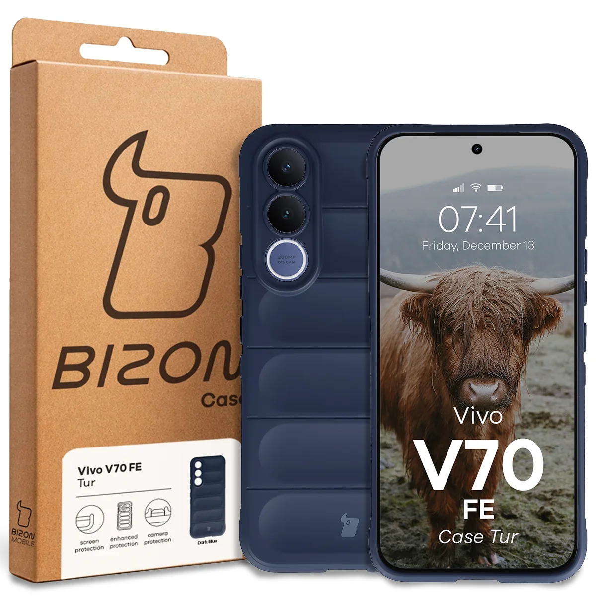 Przód pudełka Bizon Case z dedykowaną etykietą do Vivo V70 FE 5G