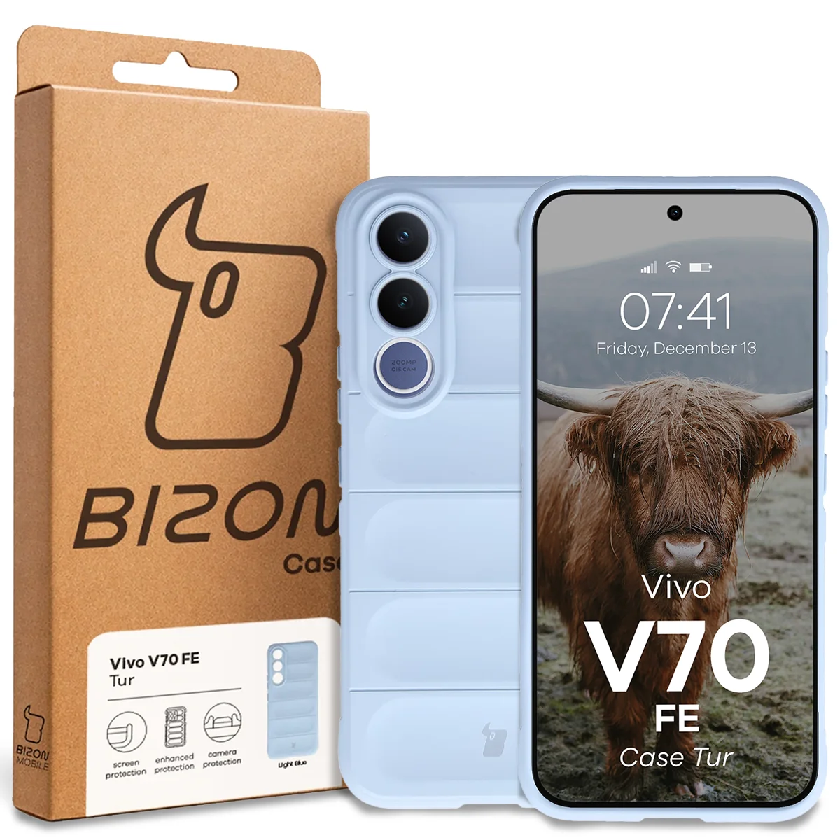 Przód pudełka Bizon Case z dedykowaną etykietą do Vivo V70 FE 5G