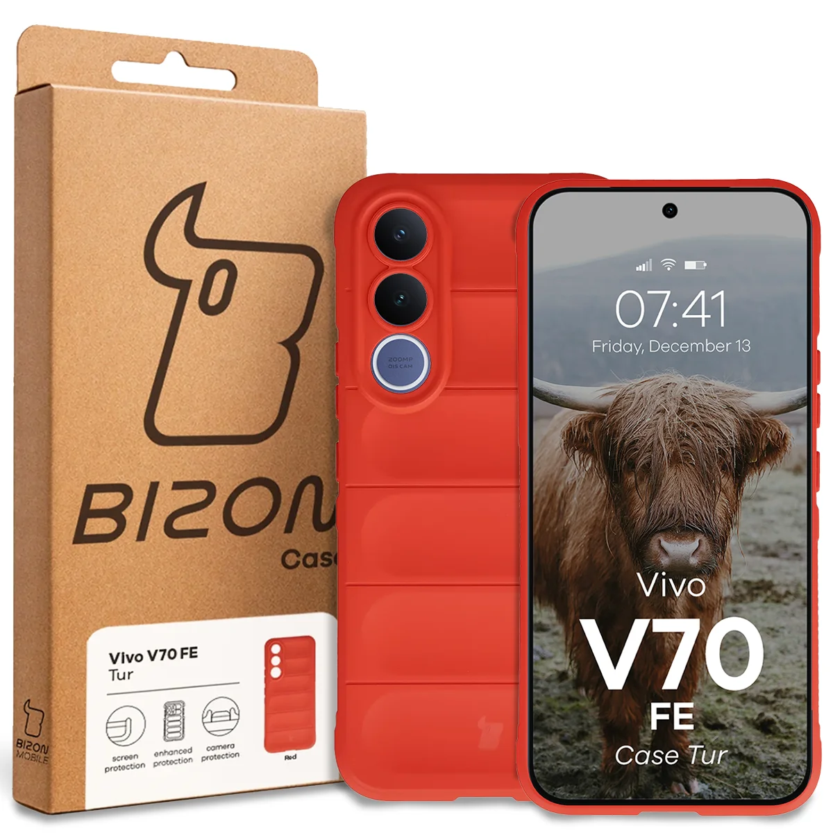 Przód pudełka Bizon Case z dedykowaną etykietą do Vivo V70 FE 5G