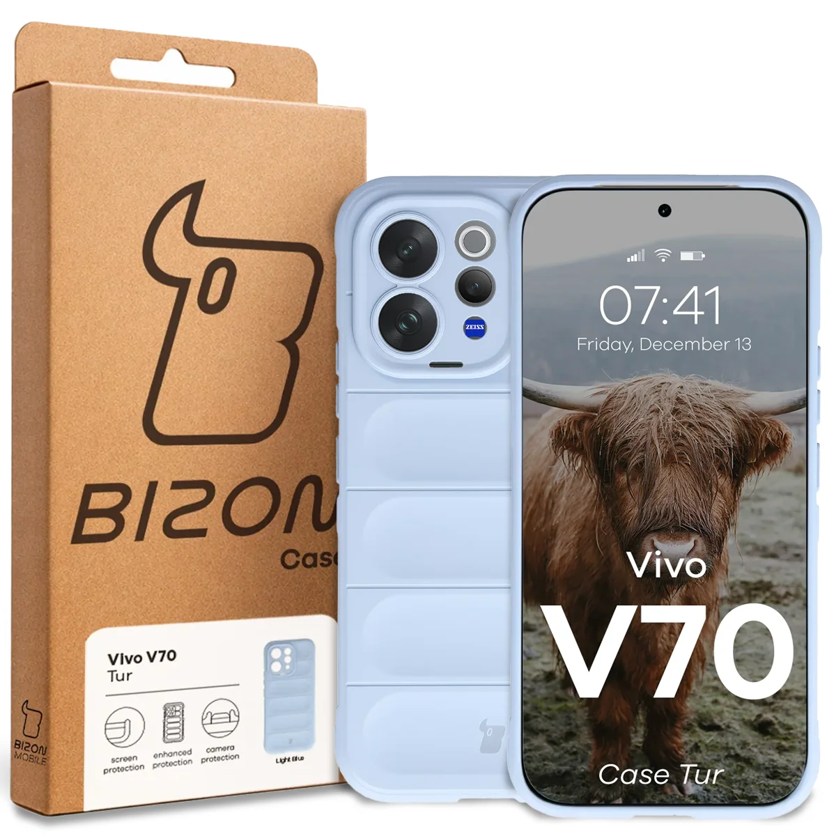 Przód pudełka Bizon Case z dedykowaną etykietą do Vivo V70 5G