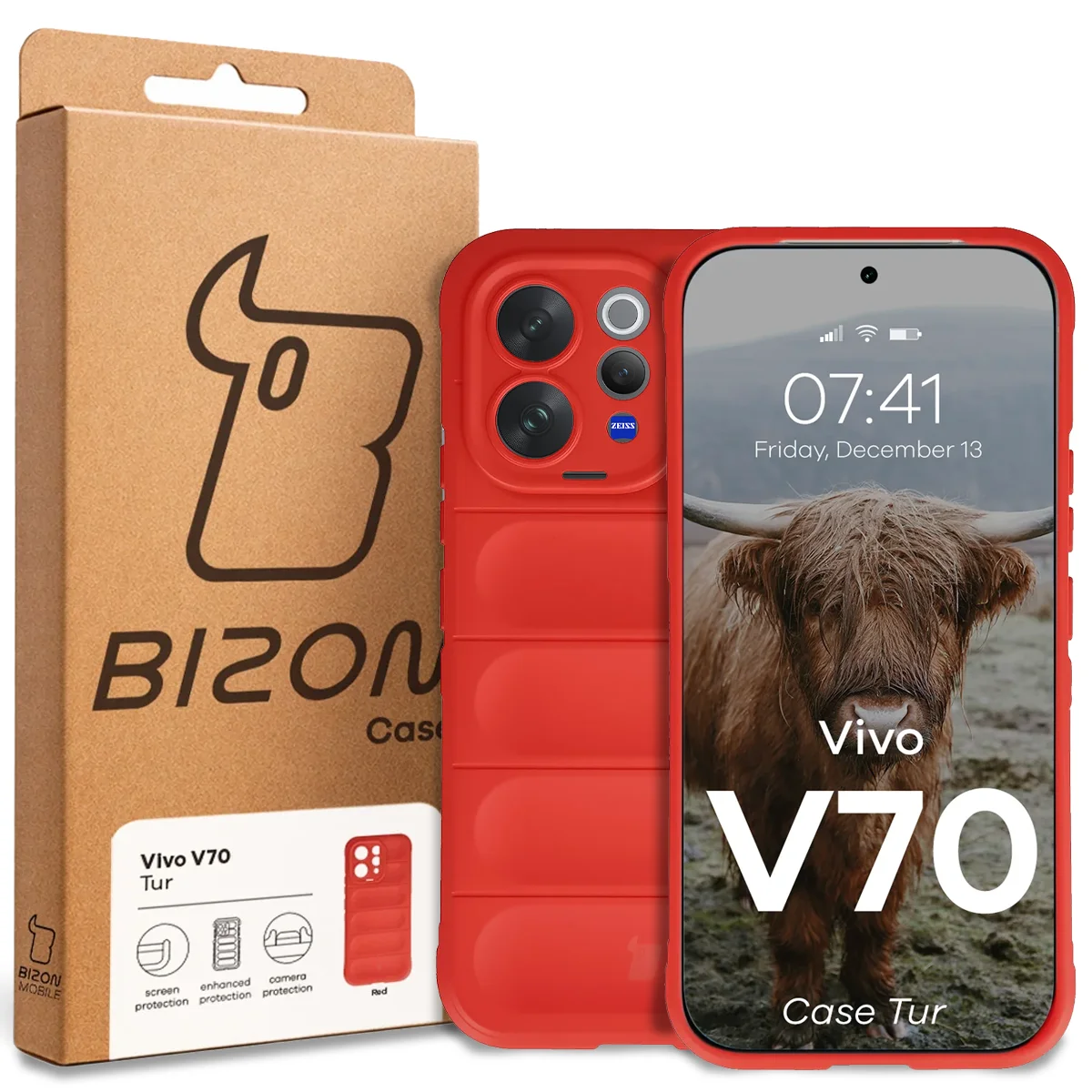 Przód pudełka Bizon Case z dedykowaną etykietą do Vivo V70 5G