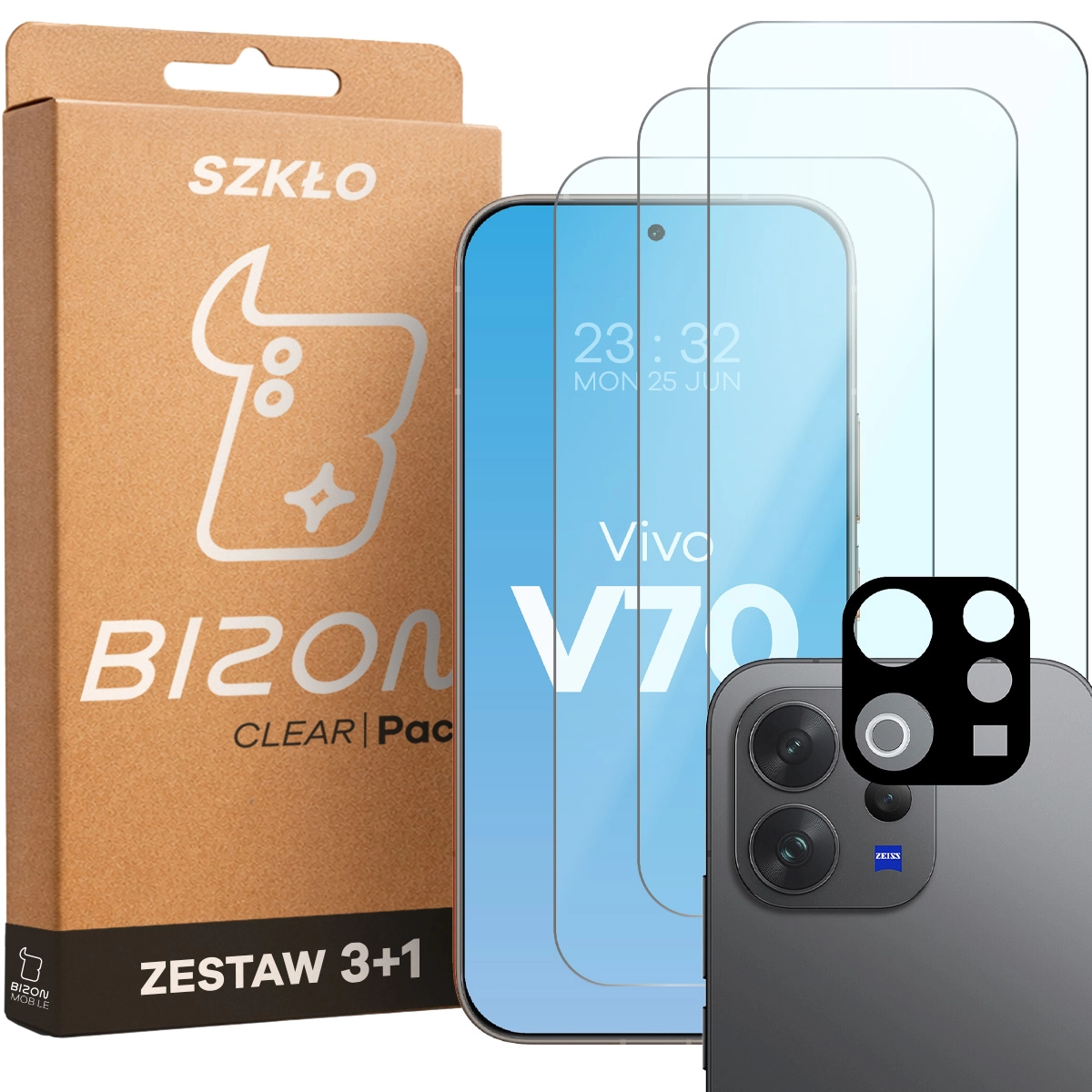 Box and glass set for Vivo V70 5G: 3x tempered glass and lens