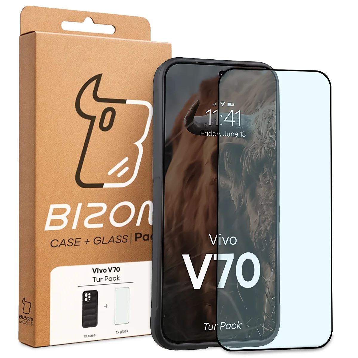 A Bizon Tur Pack dobozának elülső oldala, amely a Vivo V70 5G-hez készült címkét tartalmaz