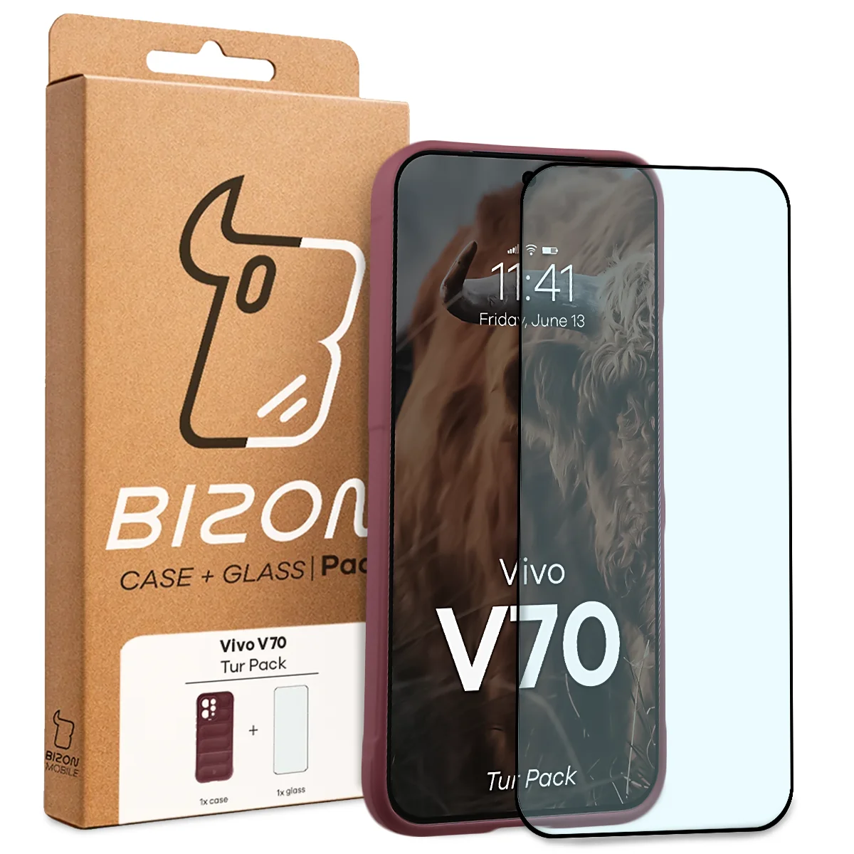 Fața cutiei Bizon Tur Pack cu eticheta dedicată pentru Vivo V70 5G