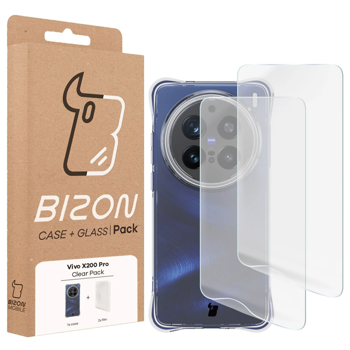 Vorderseite der Verpackung Bizon Case+Glass mit dem speziellen Etikett für das Vivo X200 Pro