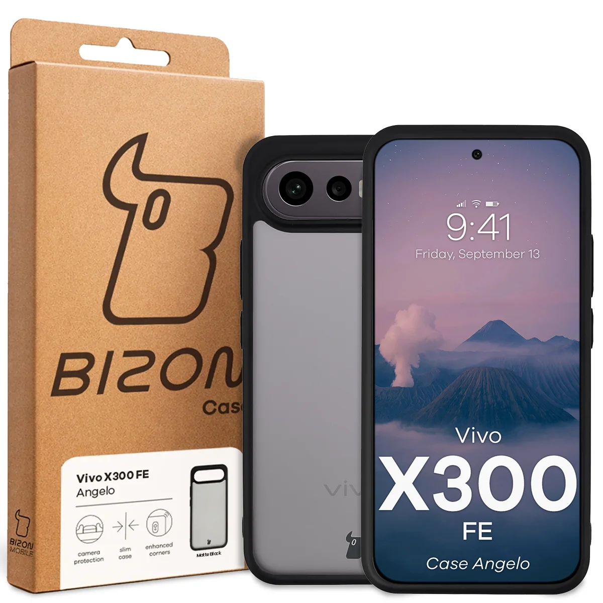 Przód pudełka Bizon Case z dedykowaną etykietą do Vivo X300 FE