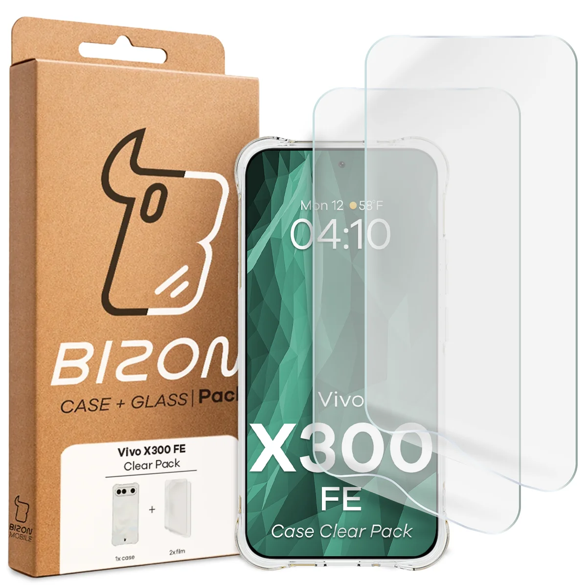 Front of the Bizon Case+Glass box with a dedicated label for Vivo X300 FE