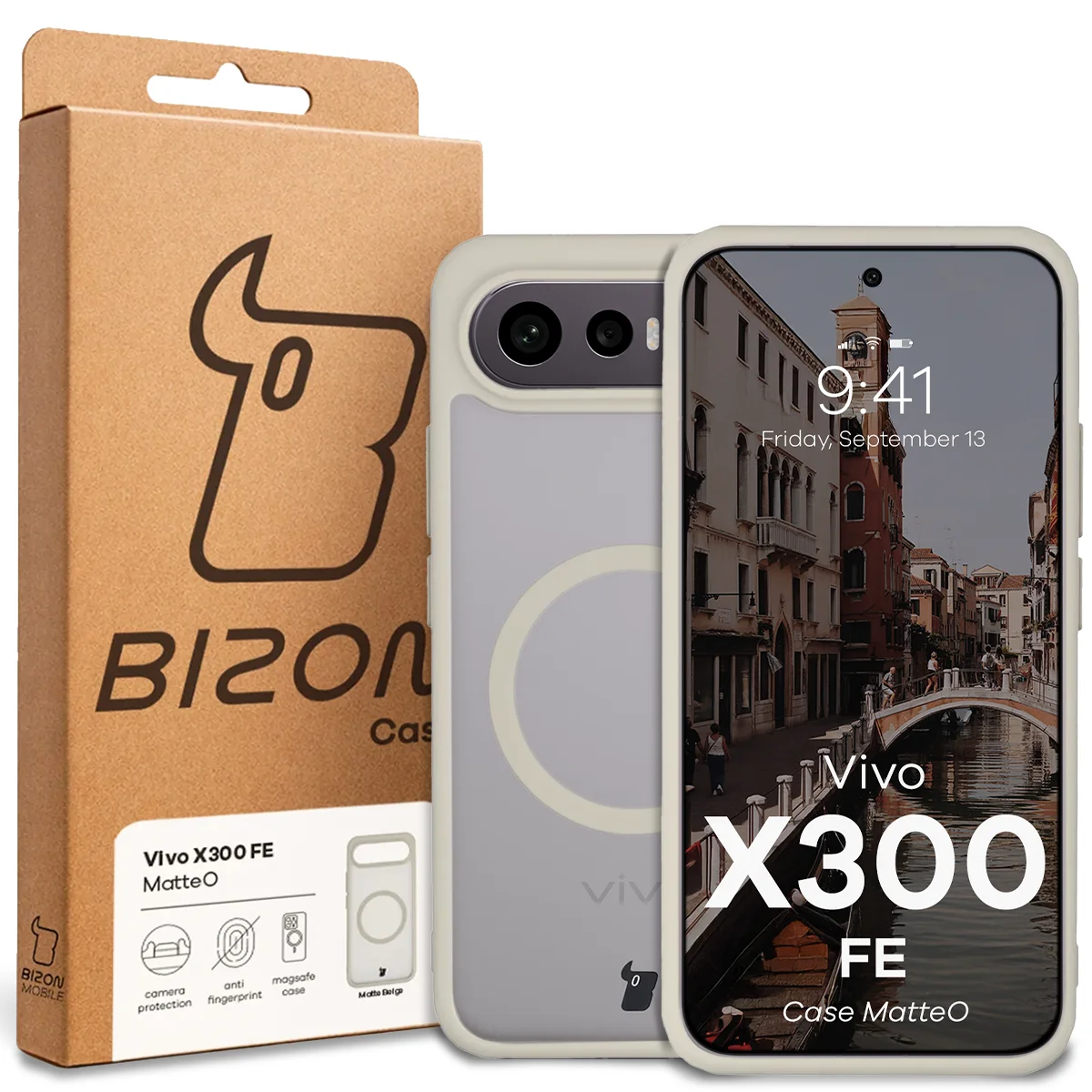 Przód pudełka Bizon Case z dedykowaną etykietą do Vivo X300 FE