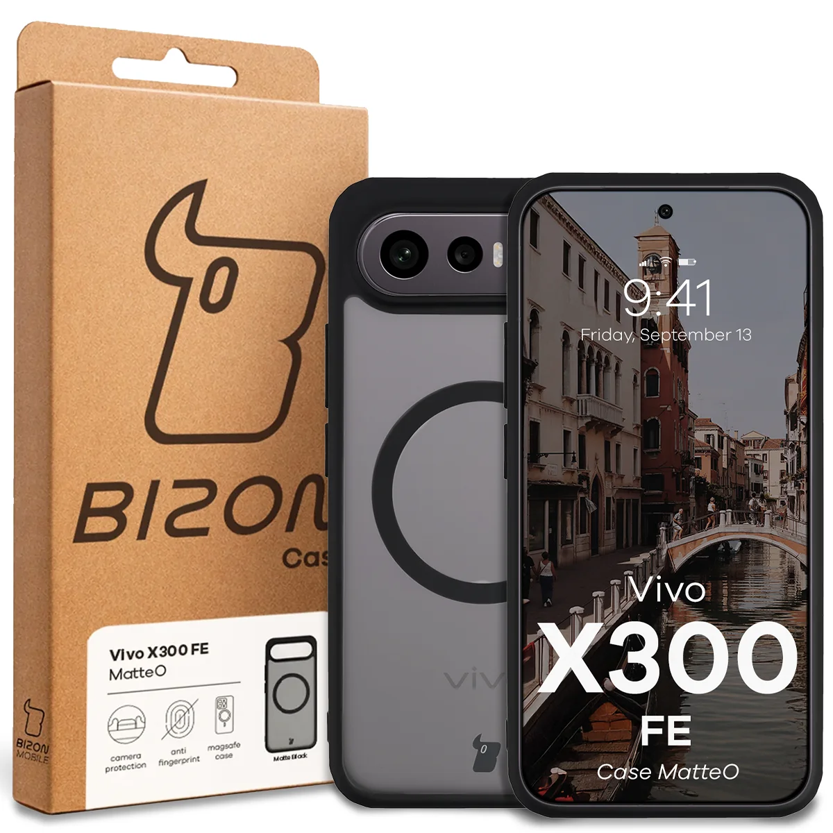 Przód pudełka Bizon Case z dedykowaną etykietą do Vivo X300 FE