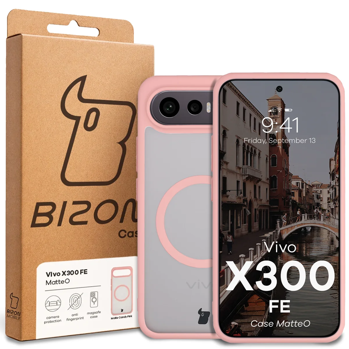 Przód pudełka Bizon Case z dedykowaną etykietą do Vivo X300 FE