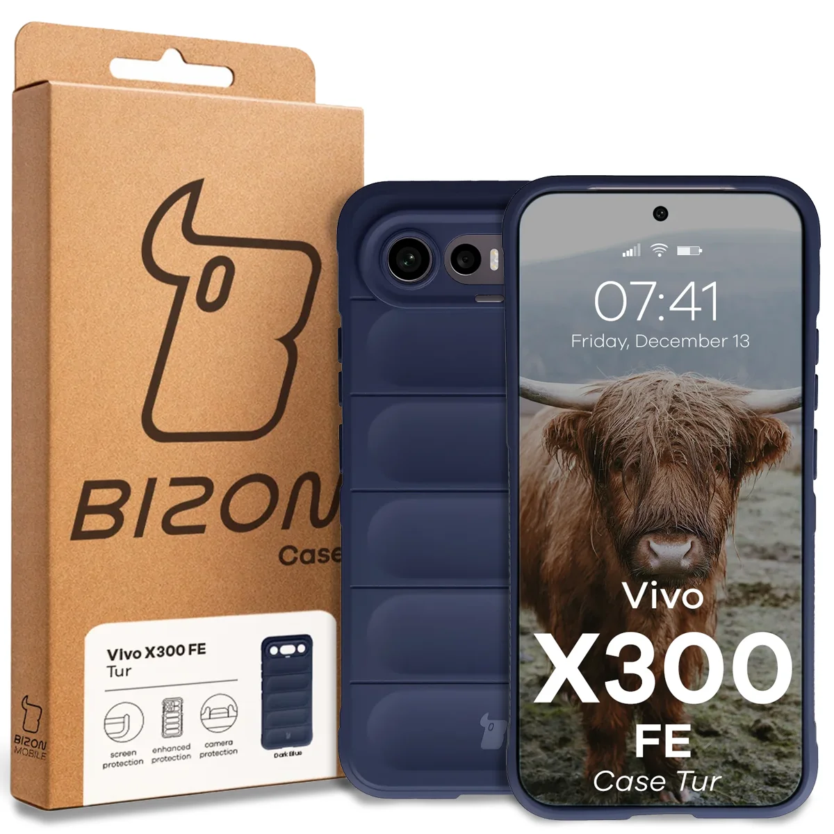 Przód pudełka Bizon Case z dedykowaną etykietą do Vivo X300 FE