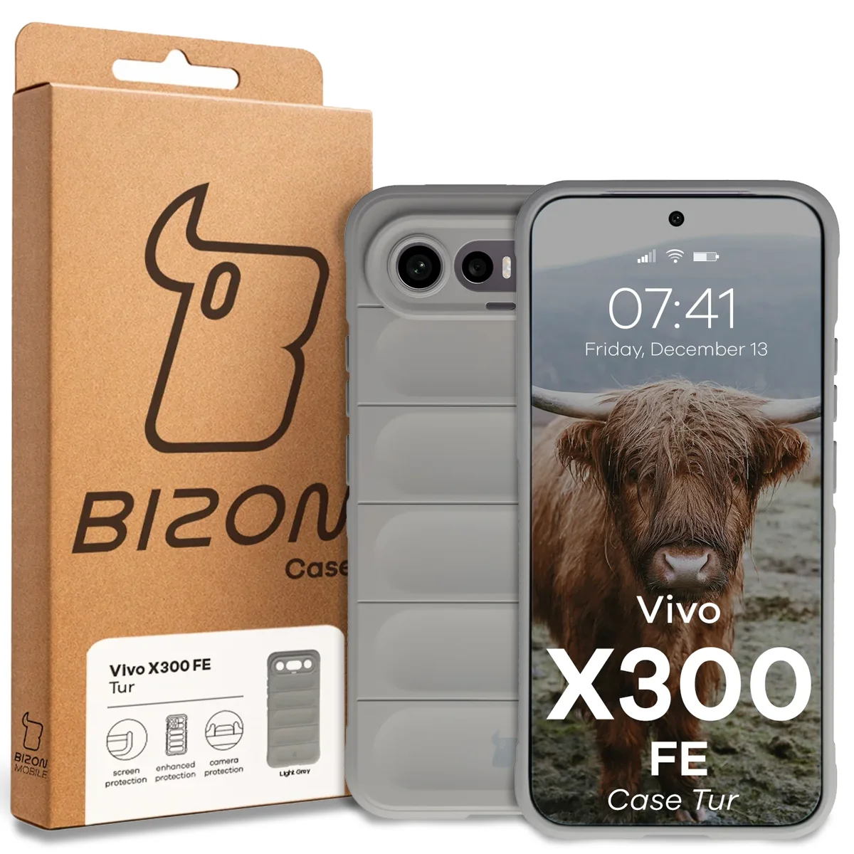 Przód pudełka Bizon Case z dedykowaną etykietą do Vivo X300 FE