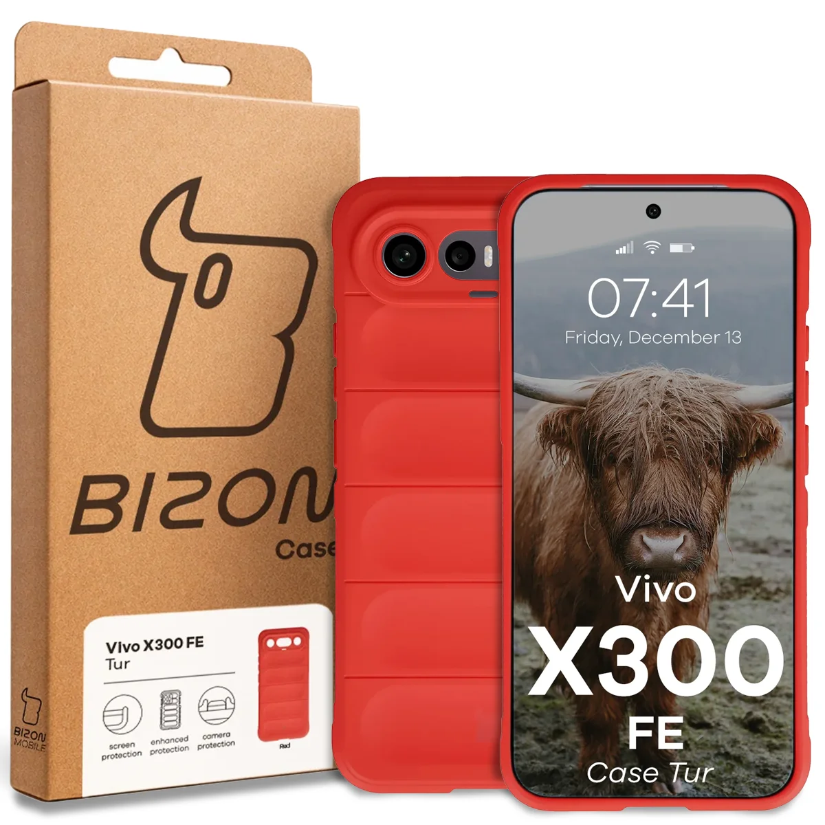 Przód pudełka Bizon Case z dedykowaną etykietą do Vivo X300 FE