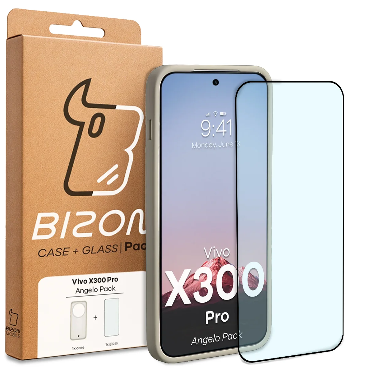 Przód pudełka Bizon Case Angelo Pack z dedykowaną etykietą do Vivo X300 Pro