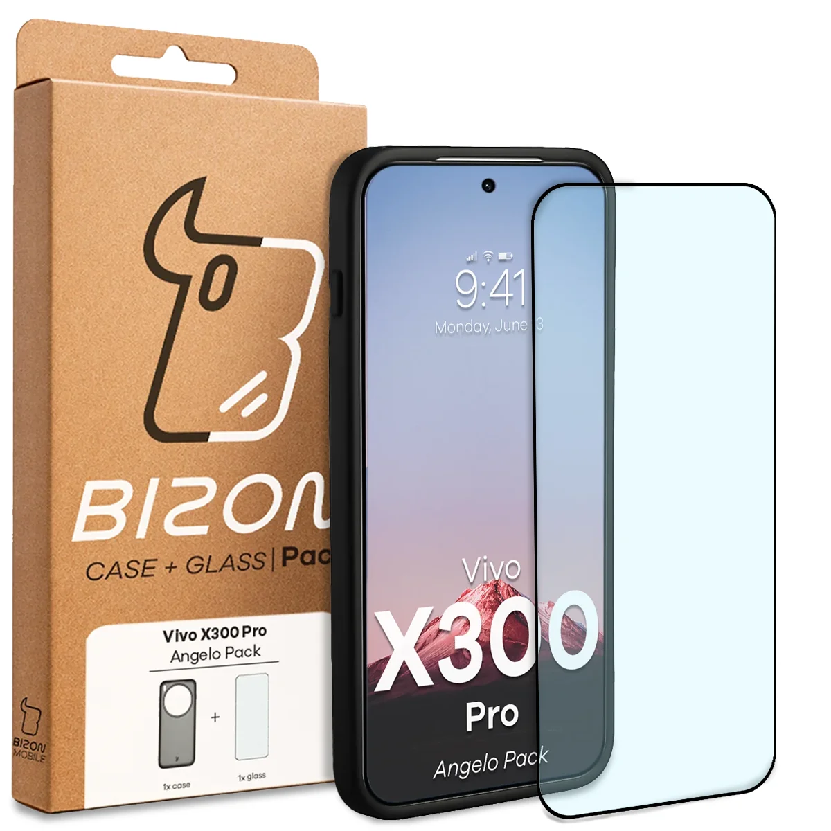 Przód pudełka Bizon Case Angelo Pack z dedykowaną etykietą do Vivo X300 Pro