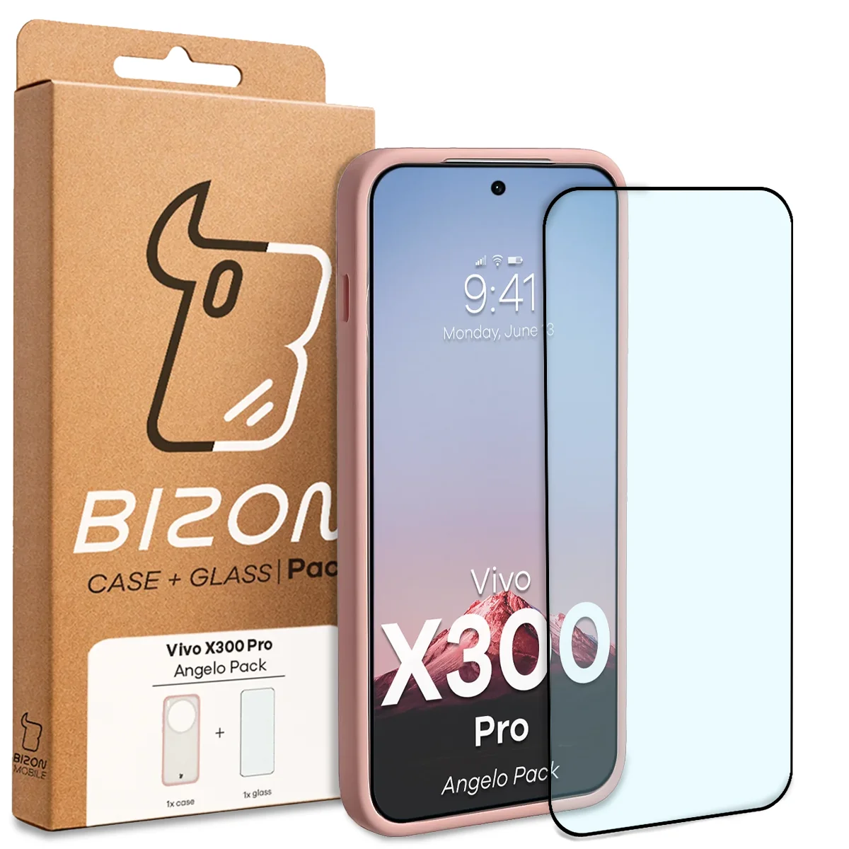 Przód pudełka Bizon Case Angelo Pack z dedykowaną etykietą do Vivo X300 Pro