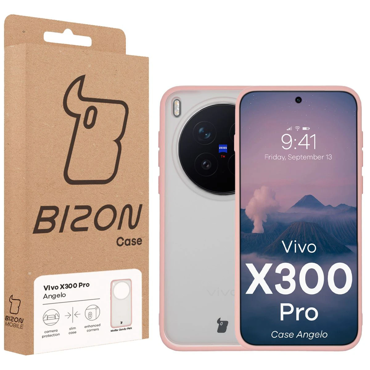 Przód pudełka Bizon Case z dedykowaną etykietą do Vivo X300 Pro