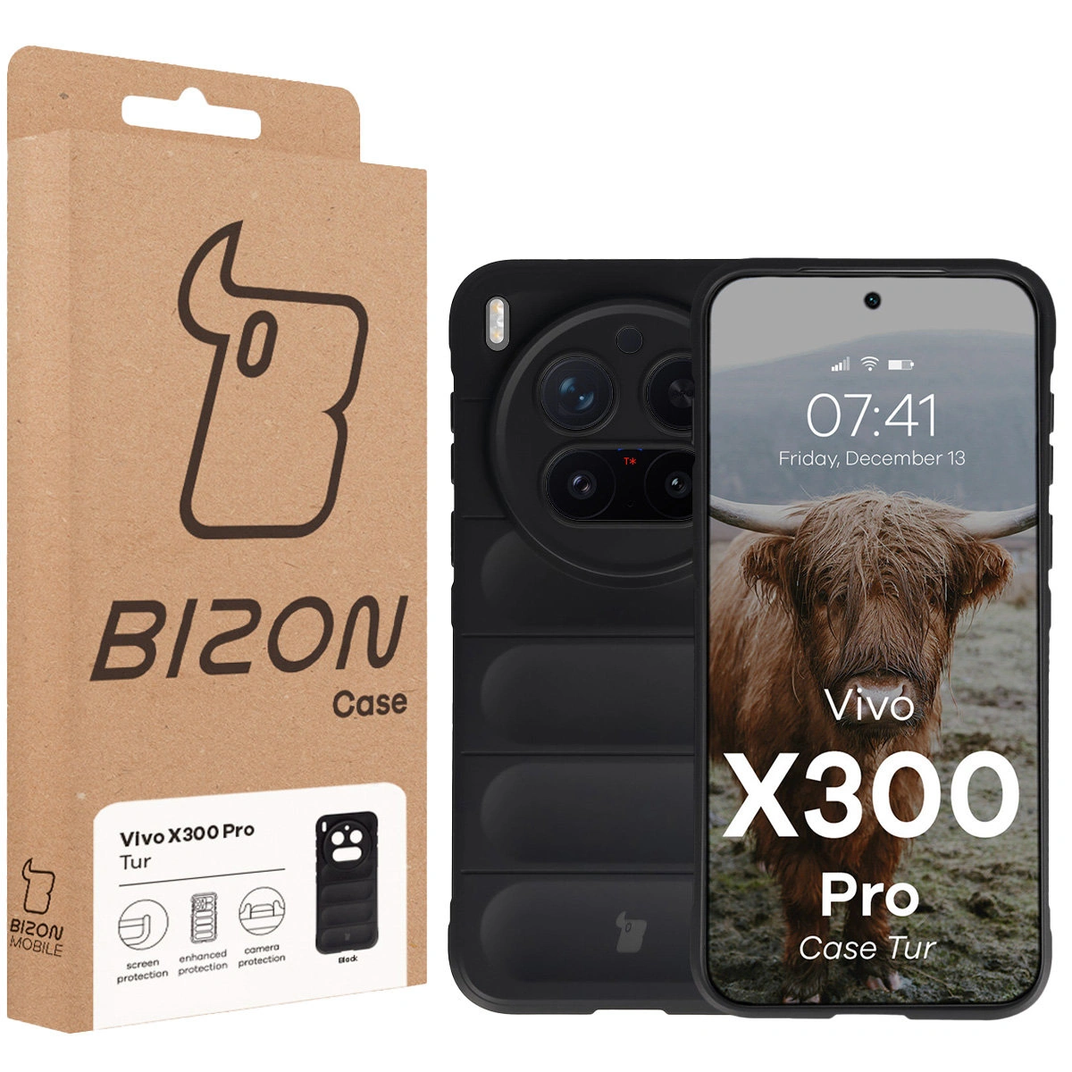 Przód pudełka Bizon Case z dedykowaną etykietą do Vivo X300 Pro