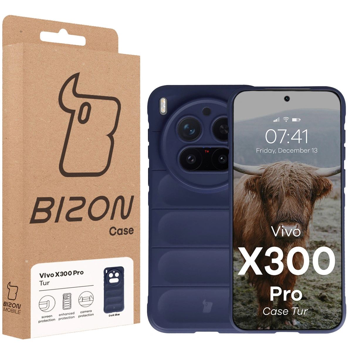 Przód pudełka Bizon Case z dedykowaną etykietą do Vivo X300 Pro