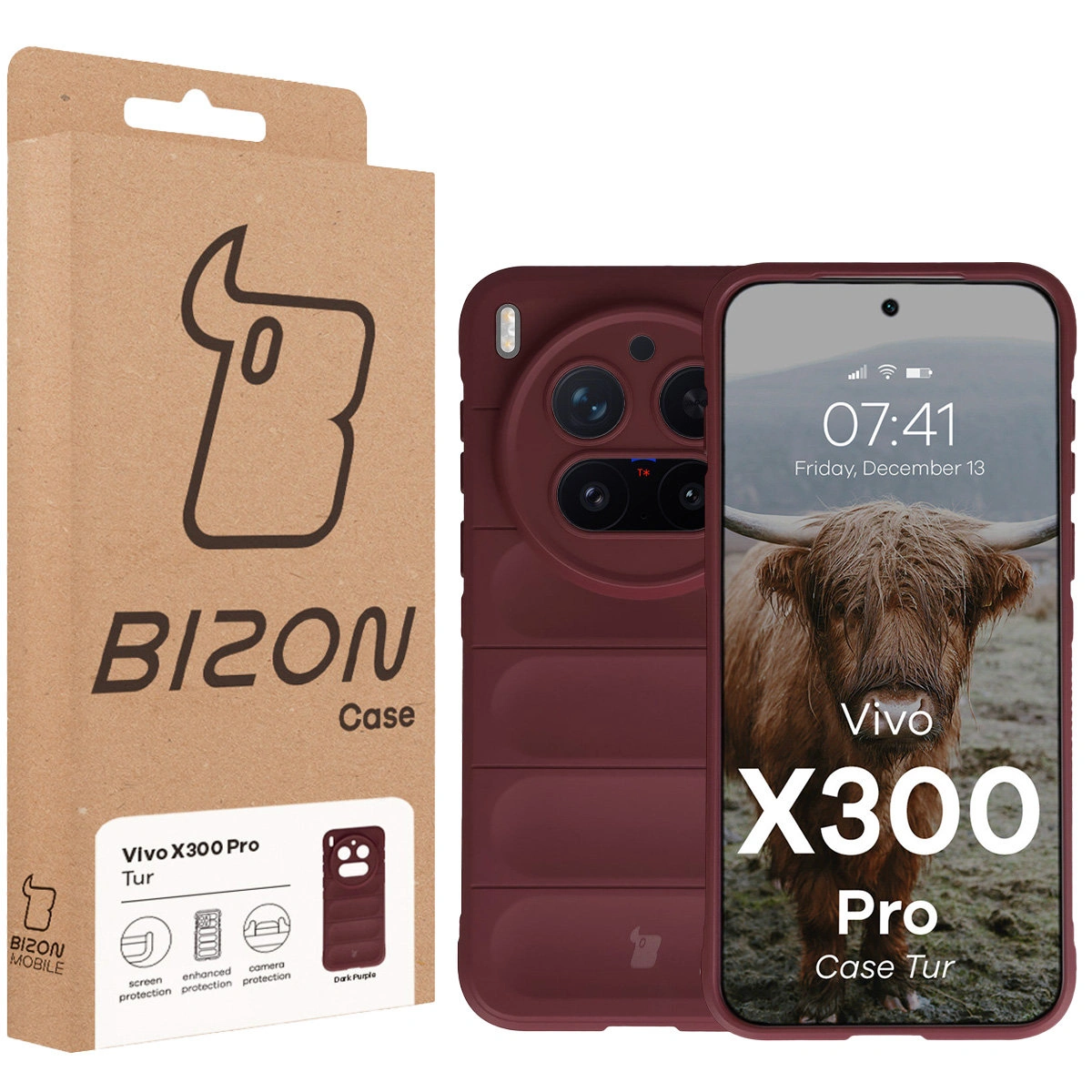Przód pudełka Bizon Case z dedykowaną etykietą do Vivo X300 Pro