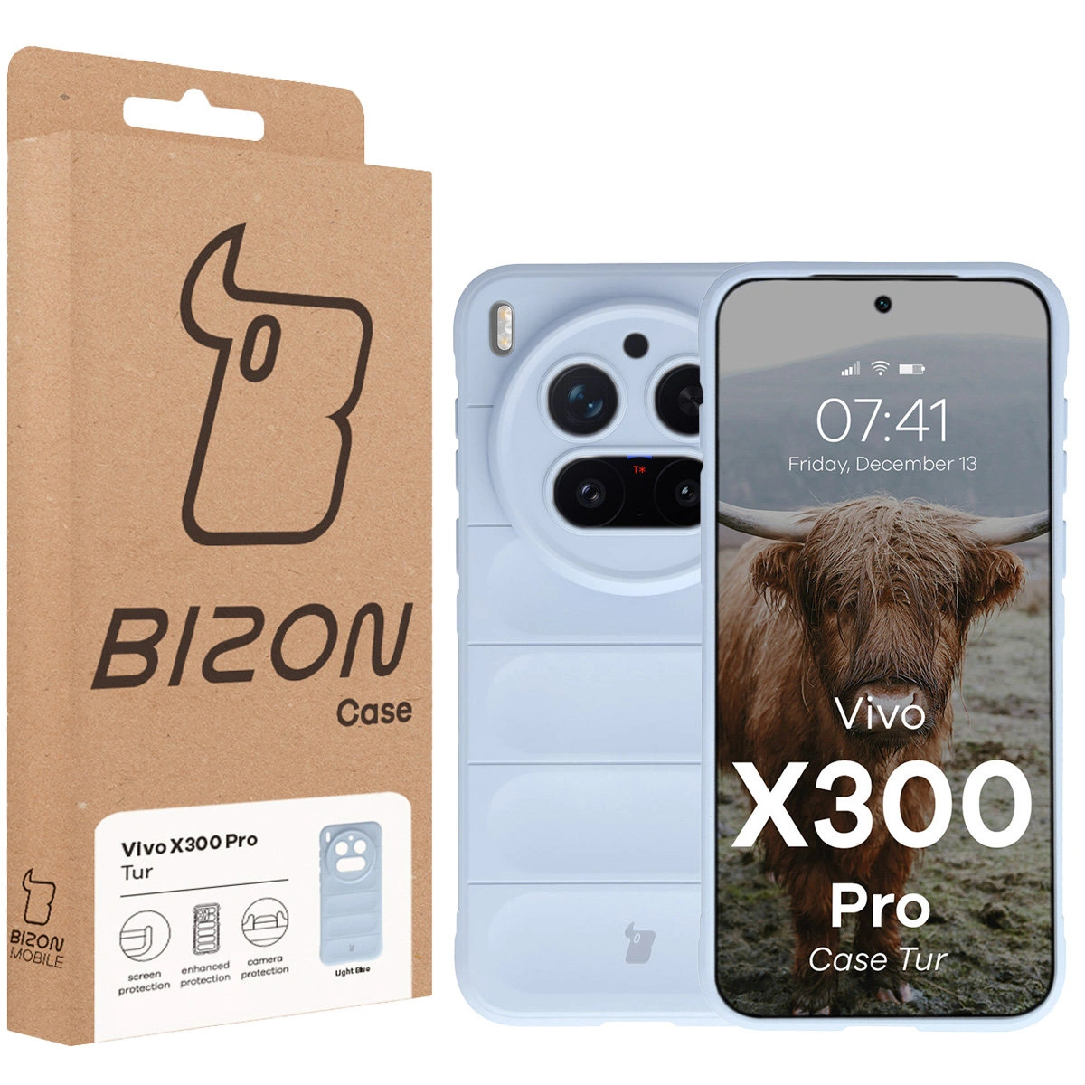 Przód pudełka Bizon Case z dedykowaną etykietą do Vivo X300 Pro